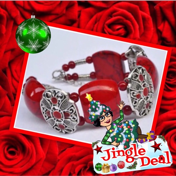 🌹NEW SILVER & RED Bead Bangle w/Chain Bra - Picture 4 of 6